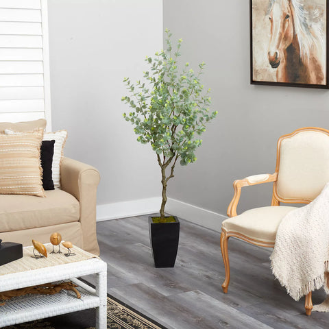 Nearly Natural Eucalyptus Silk Tree in Black Planter