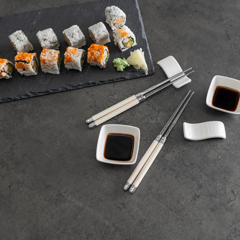 French Home Chopsticks with Faux Ivory Handles, Ceramic Rests & Sauce Bowls, Set of 2